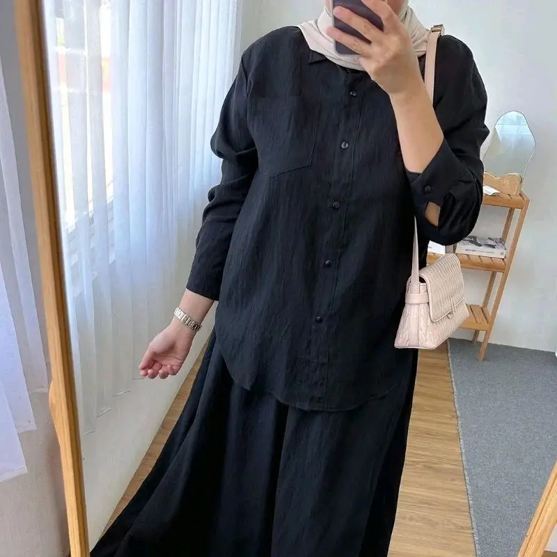 Humaira One Set Skirt | Setelan Rok Muslim Wanita Remaja Crinkle Airflow | Full Kancing Kantong Rok Melar Full Karet Kerah Kemeja 5