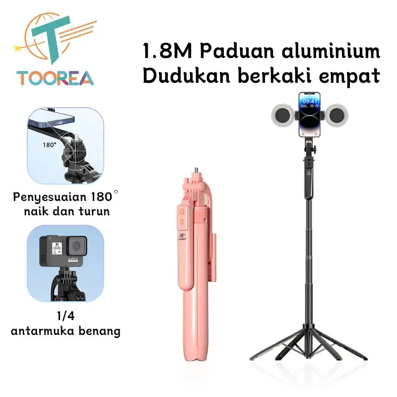 TOOREA A17L 180cm Tongsis Tripod Bluetooth Remote Selfie Stick 4 Kaki Tripod Aluminium Tongsis untuk HP Kamera DSLR Hand Stabilizer Dengan Remote Control Bluetooth