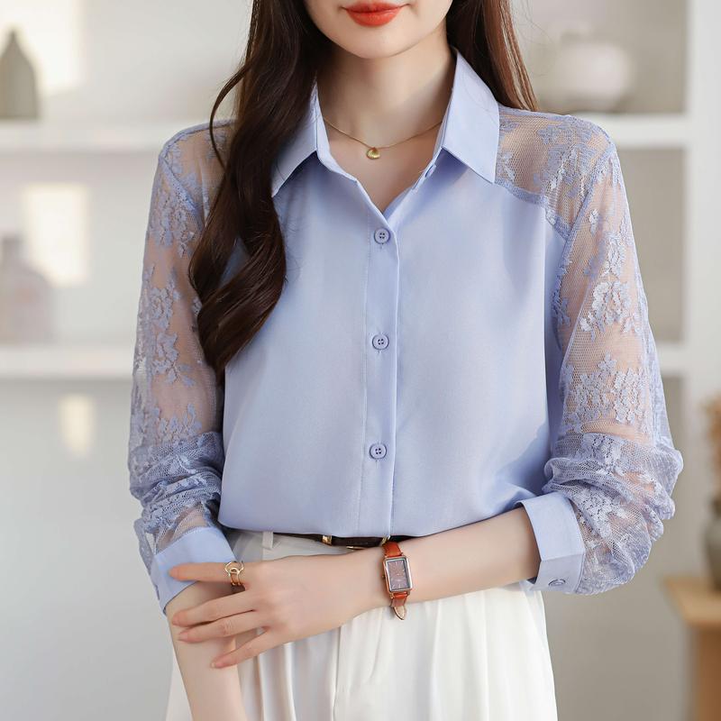 Product Introduction of Áo Cánh Voan Ren Ve Áo, Dòng Màu Xanh Dương, Dành Cho Nữ, Áo Cardigan Dài Tay, Ngoại Cỡ, Không Cần Ủi 11