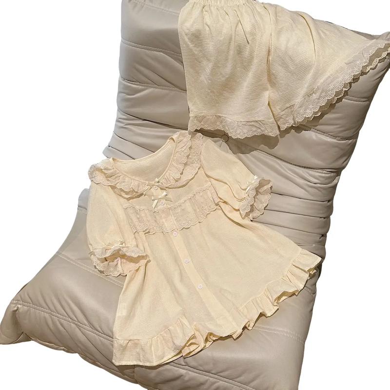 N73 - pijama bánh bèo cộc đùi kem tiểu thư cho nữ Women hoạ tiết - Bộ ngủ mặc nhà hàng quảng châu cao cấp Quần Ngủ