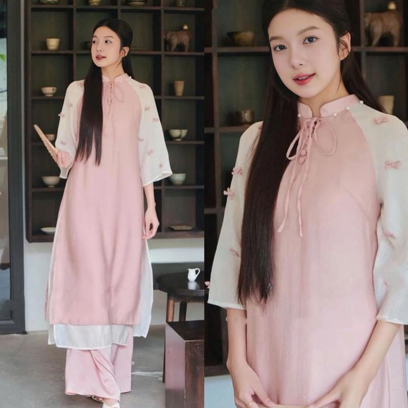 Áo Dài Nữ Thiết Kế EMME  V1937 Cổ Đính Ngọc Đính Nơ Tay Lửng 4 Tà Áo Cách Điệu [ Kèm Quần Lụa ]