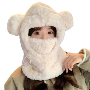 2025 สต็อกพร้อม หมวกป้องกันหูน่ารัก 3-in-1 ผู้หญิง หน้ากากหนา ผ้าพันคอ หมวกหมีฤดูหนาวที่อบอุ่น แฟชั่นการออกแบบขั้นสูง