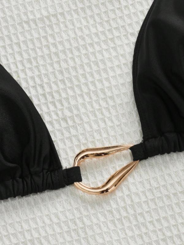 【Plus Size】 Solid Color Metal Decor Halter Bikini Top, Casual Tie Back Swim Top for Beach Holiday Vacation, Women's Swimwear for All Seasons 4