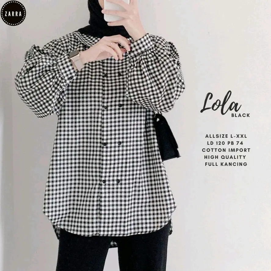 Blouse Jumbo Lola Bahan Katun Import Motif Kotak Kecil Kekinian Adem Lembut LD 120 Full Kancing Aktif Lengan Kancing