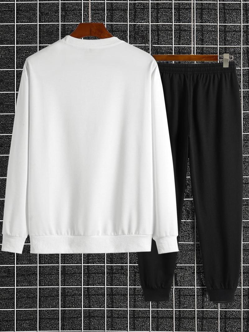Product Introduction of Men's Smile Face Print Sweatshirt & Elastic Waist Sweatpants Set, Casual Long Sleeve Pullover & Jogger Pants for Fall & Winter, Men's Outfits for Daily Wear 8