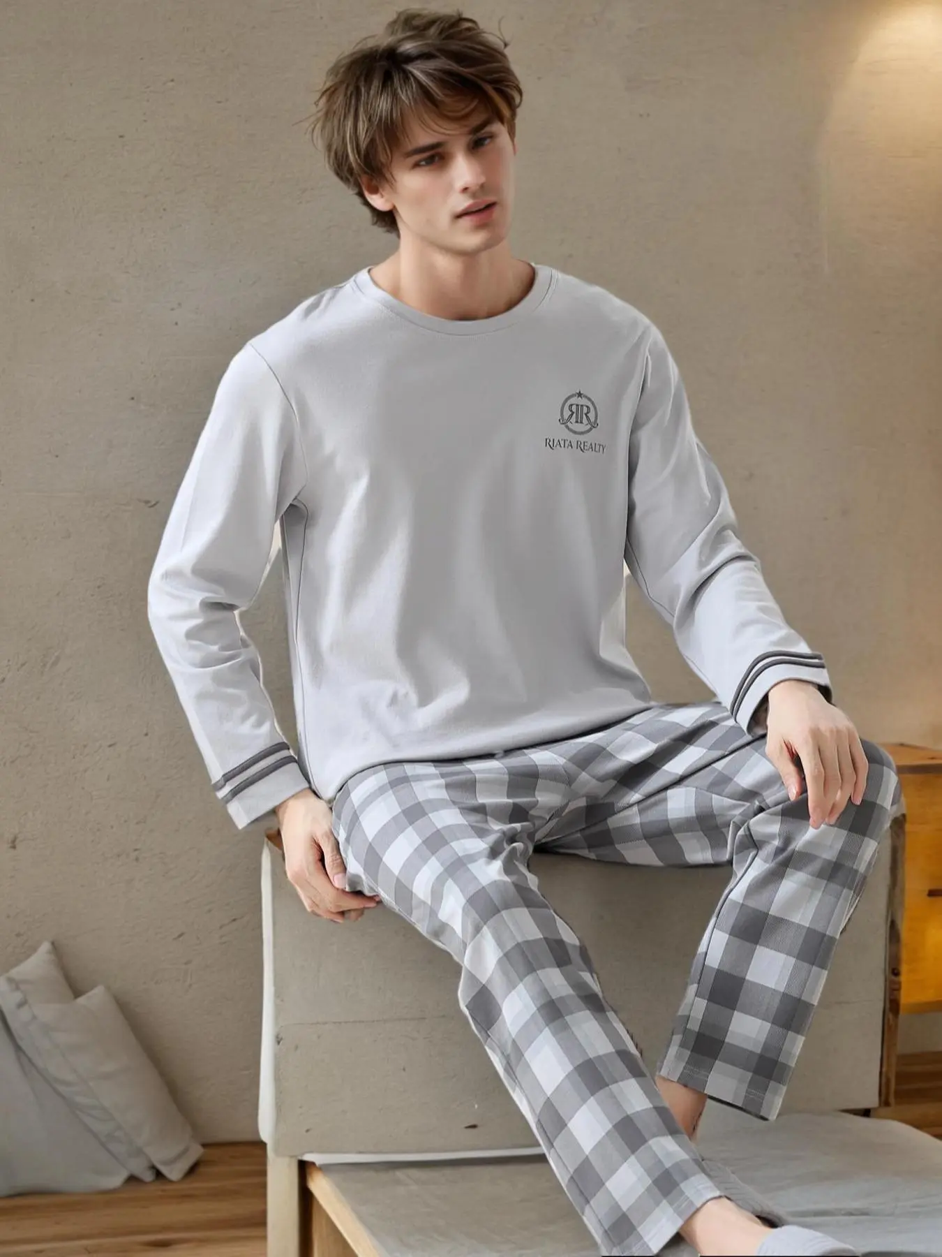 Two-Piece Set Men's Plaid Print Long Sleeve Tee & Pants Pajama, Casual Comfy Round Neck Top & Trousers PJ Set, Men's Sleepwear for Spring & Fall