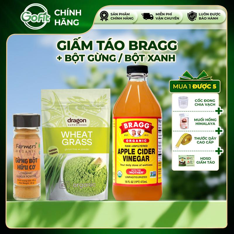 [Uống Giấm Siêu Ngon] Giấm Táo Hữu Cơ Bragg 473ml / 946ml với Bột Gừng Vipep, Farmers 40g giấm  chua