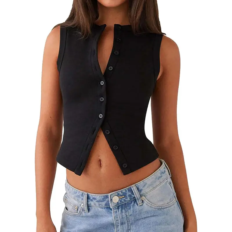 Women's Plain Button Front Ribbed Crop Tank Top, Casual Sleeveless Round Neck Top for Daily Wear, Ladies Clothes for All Seasons, Women's Tops tilly part tube 0