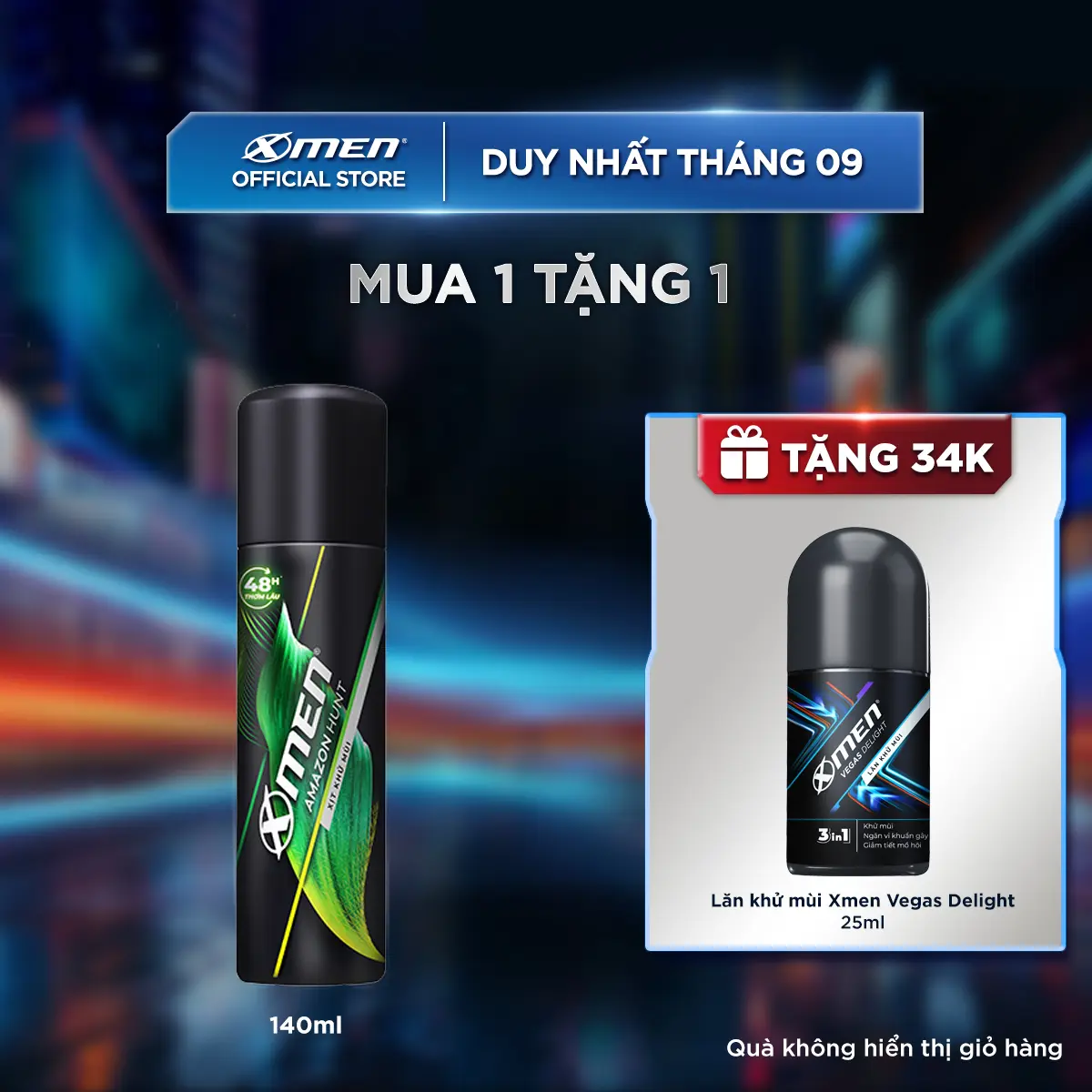 [COMBO MUA 1 TẶNG 1] Xịt khử mùi Xmen Amazon Hunt 140ml + Tặng Lăn khử mùi Vegas Delight 25ml
