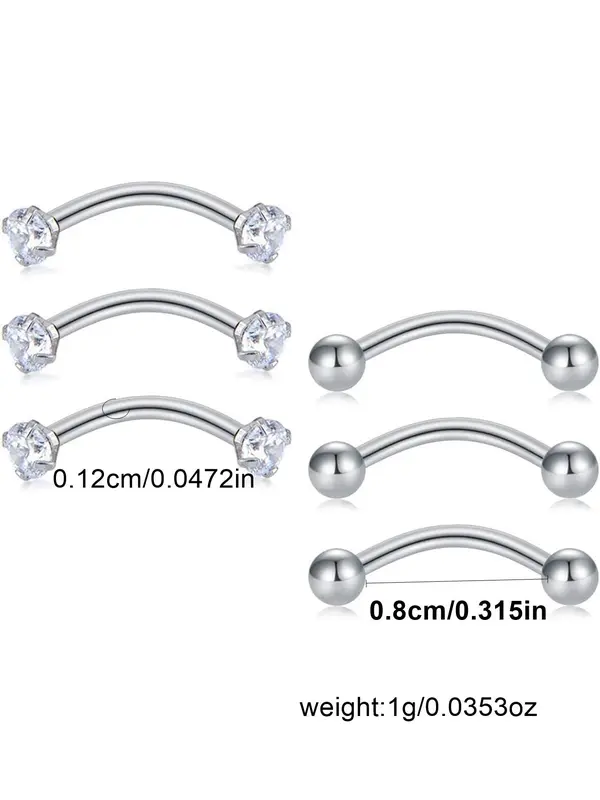 Simple Rhinestone Decorated Body Piercing Jewelry, 6pcs Stainless Steel & Cubic Zirconia Earrings, Belly Lip Ring, Eyebrow Studs, Body Piercing Jewelry for Party, Daily Clothing Decor, Trendy All-match & Exquisite Jewelry for Birthday Gift 1
