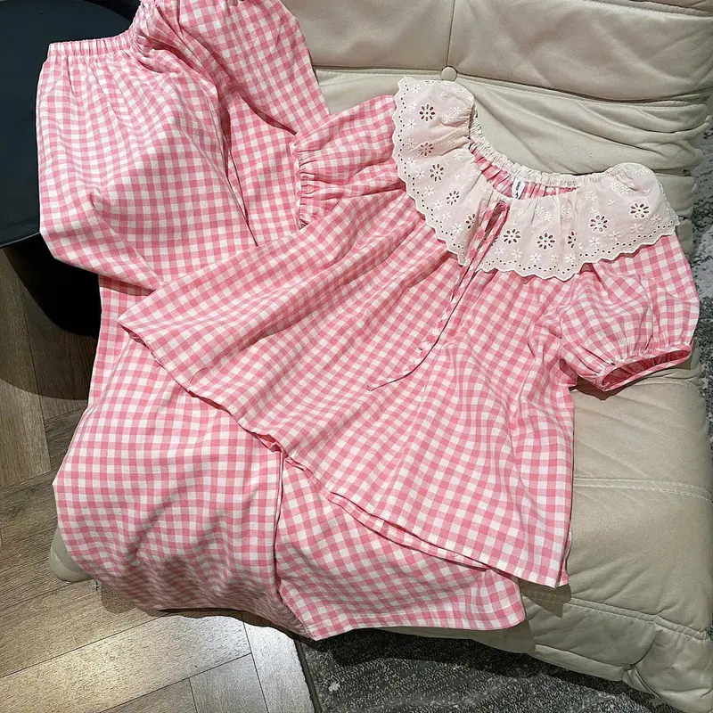 N151- Pijama Bánh bèo cộc dài kẻ hồng phối ren bèo  cho nữ - Bộ ngủ công chúa cho nữ mặc nhà hàng quảng châu cao cấp 1