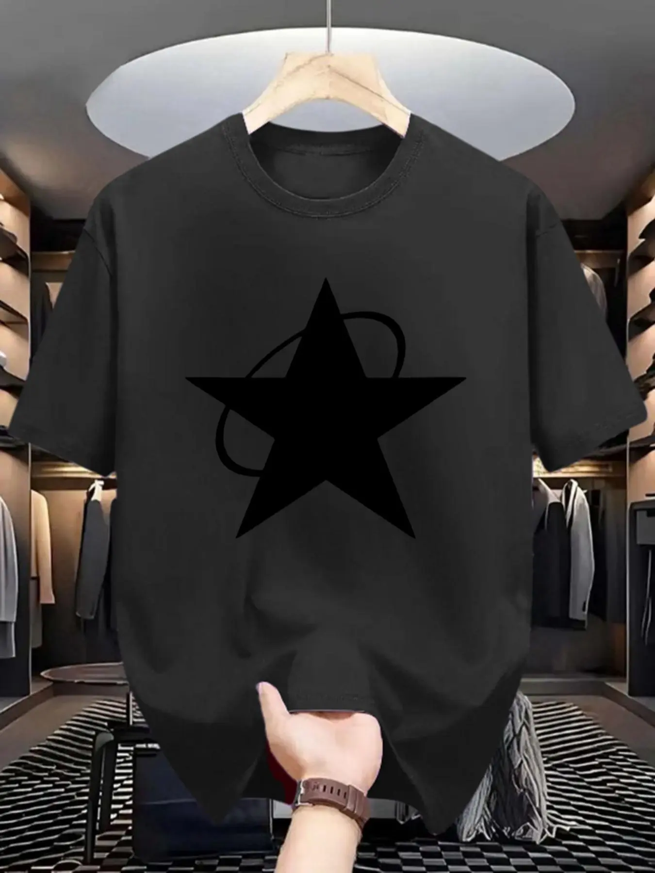 Men's Regular Fit Star Print Round Neck Tee, Casual Short Sleeve Crew Neck T-Shirt for Summer, Fashion Men's Top for Daily Wear, Tropical