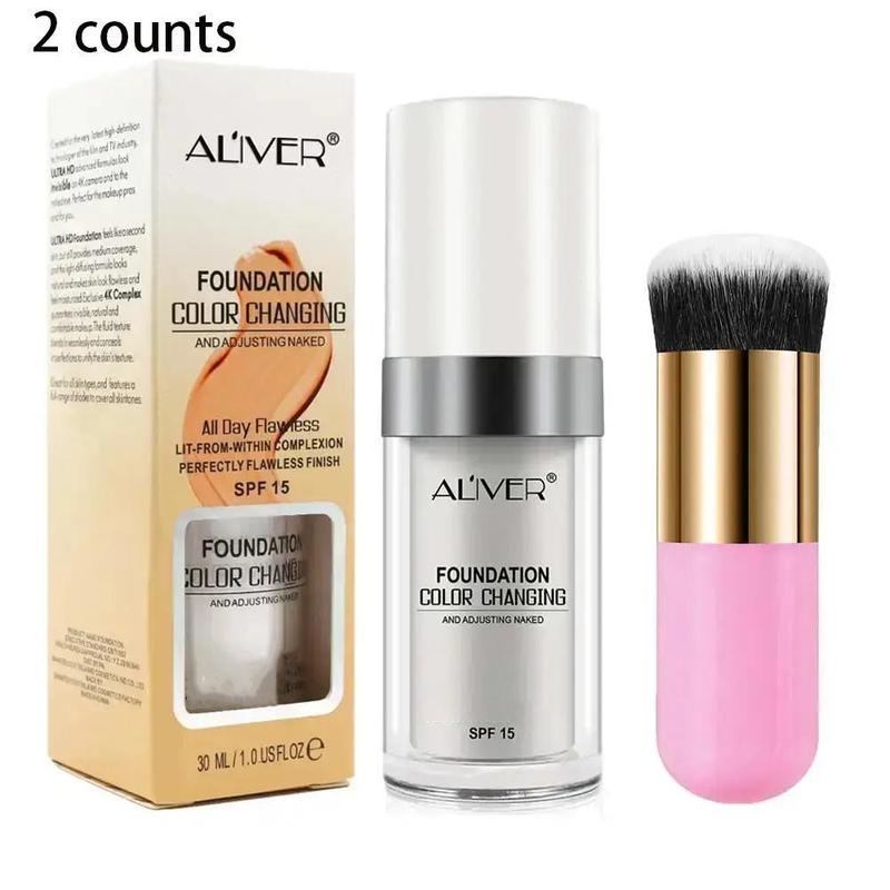 30ml Foundation & Makeup Brush Kit(2 Counts/set), Long Lasting Moisturizing Liquid Base, SPF15 Color Changing Foundation, Makeup Product for Women 1