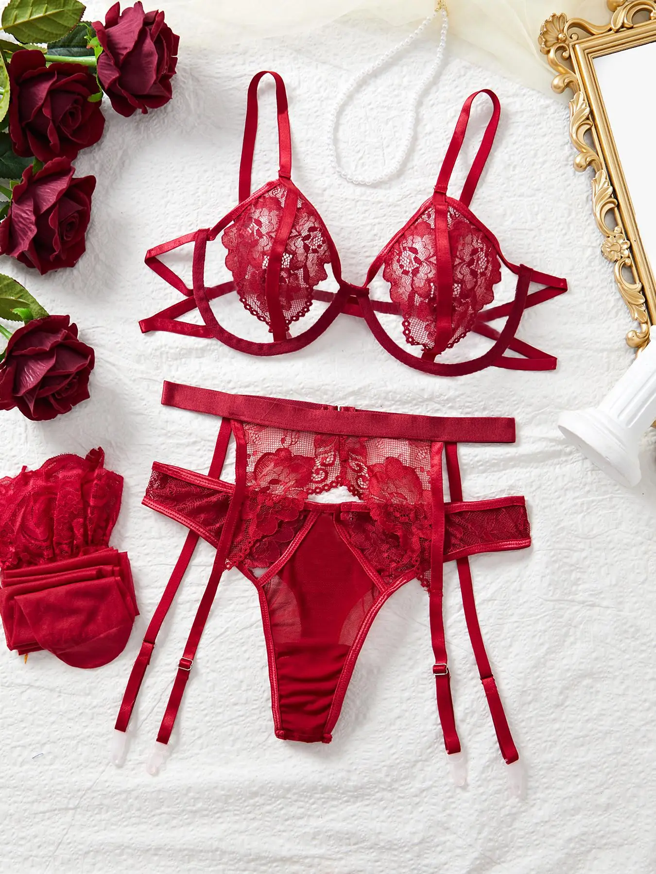 Women's Sexy Lace Lingerie Set, Push Up Bra & Thong & Garter Belt & Stockings & Blindfold, Women's Lingerie & Underwear for All Seasons