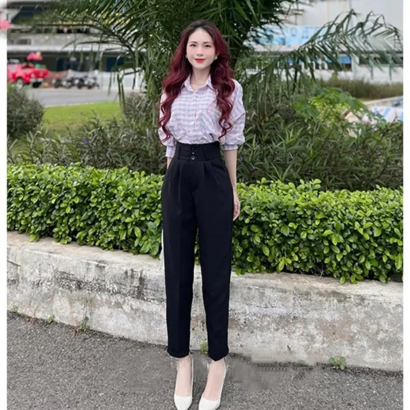 Quần vải nữ cạp cao công sở đi học ống baggy đứng 3 cúc bản to dáng quần tây nữ lưng cao đi học làm công sở đáy cao dài Pants Ong Women 2