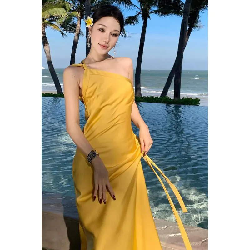Đầm vàng thời thượng satin dự tiệc | 1373 3