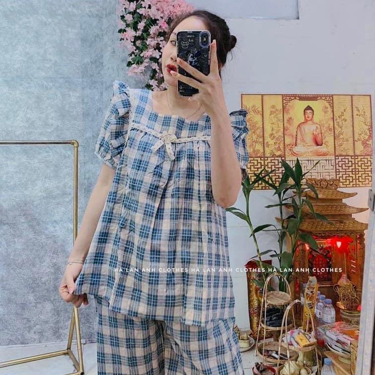 Đồ bộ bầu và sau sinh áo có khóa mở cho bé ti, Bộ bầu cộc tay kẻ thô mềm,quần bầu có chun chỉnh tiện lợi BL876 3