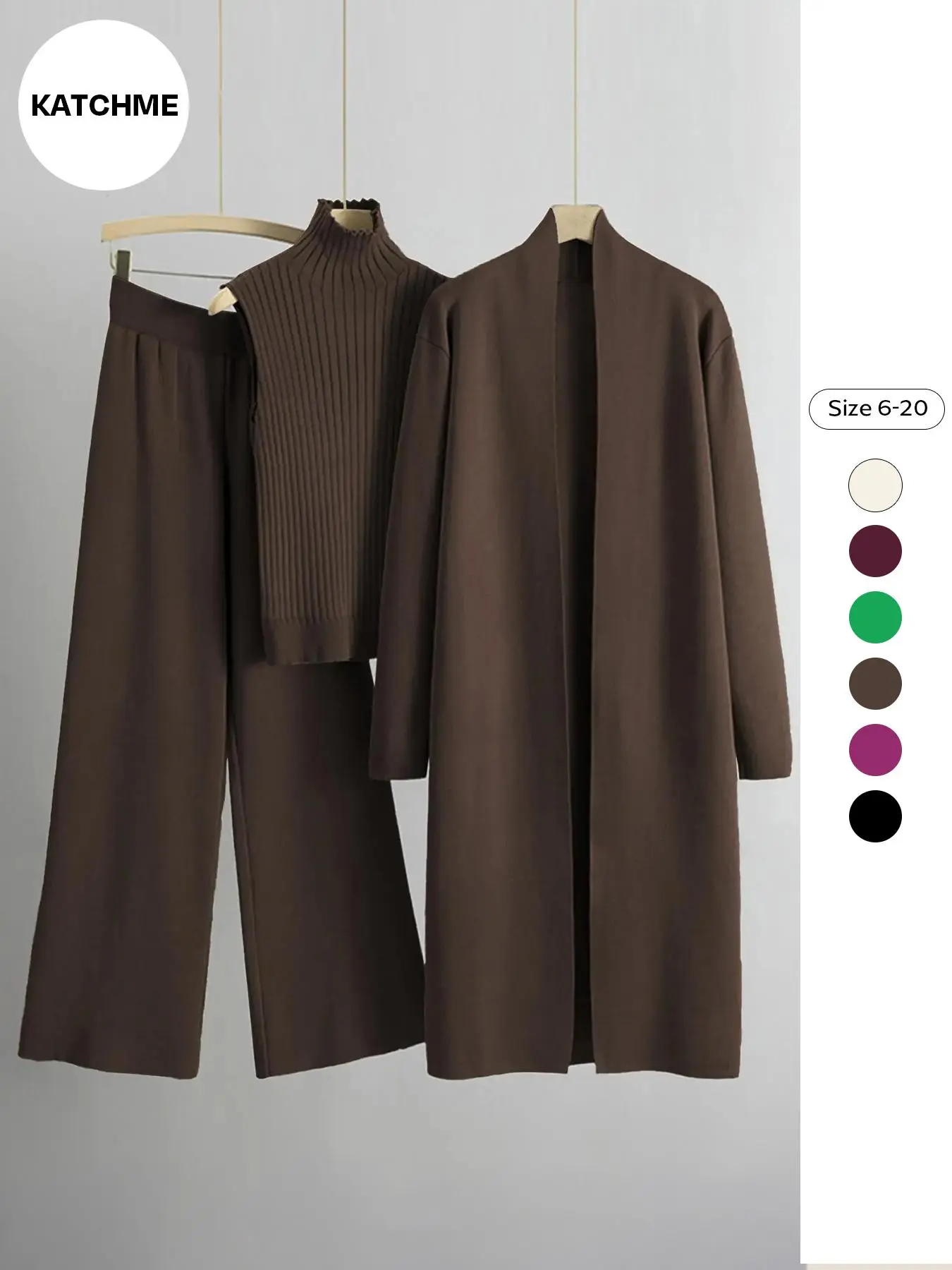Trendy Knit Turtle Neck Tank & Wide Leg Trousers With Open-Front Long Cardigan Three-Piece Sets