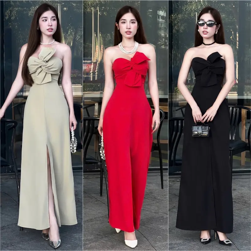 Đầm Cúp Nơ Xẻ Trước Vải Kaki Thô Có Mút 3 Màu Women Dress Nữ 0