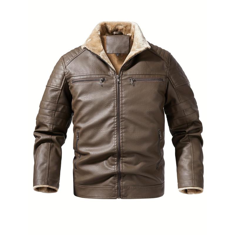 TikTok Shop Men s Leisure Warm Fleece PU Leather Jacket Autumn and Winter Chic Stand Collar Retro Motorcycle Jacket