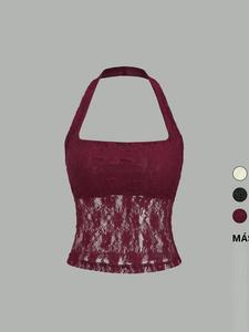Top de cuello halter con encaje floral liso para mujer, elegante top sin mangas para fiesta, vacaciones, ropa de dama para verano, ropa de mujer