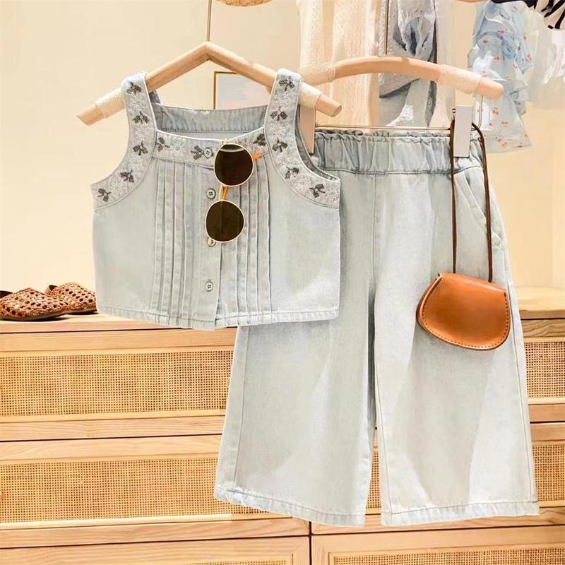 [363682] - Baju Setelan Atasan Kancing Celana Panjang Jeans Fashion Anak Perempuan - Motif Gradient Denim 1