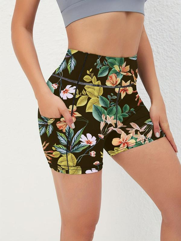Sporty Women's Floral & Leaf Print Pocket High Waist Sports Skinny Gym Shorts, Casual Comfy Breathable High Stretch Seamless Short Leggings for Yoga Gym Workout Running, Ladies Sportswear 3