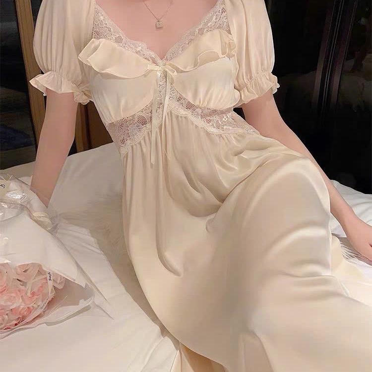 V311 - Váy ngủ mặc nhà dáng dài  tiểu thư tay ngắn hàng chuẩn QC tag Lyly  Women Dress