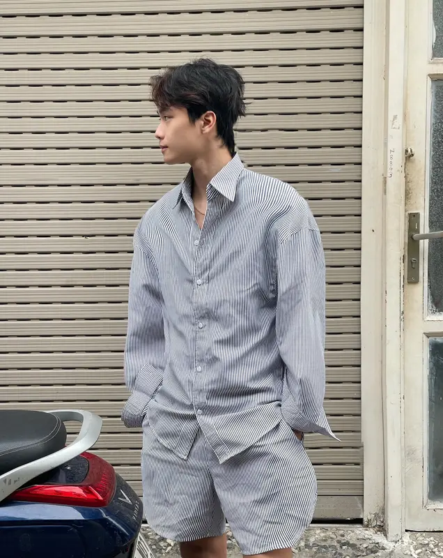 [ DEAL MỞ BÁN ]  Bộ Kẻ Sọc Unisex , Áo Sơ Mi , Quân đùi dáng rộng , Phong cách hàn quốc 5