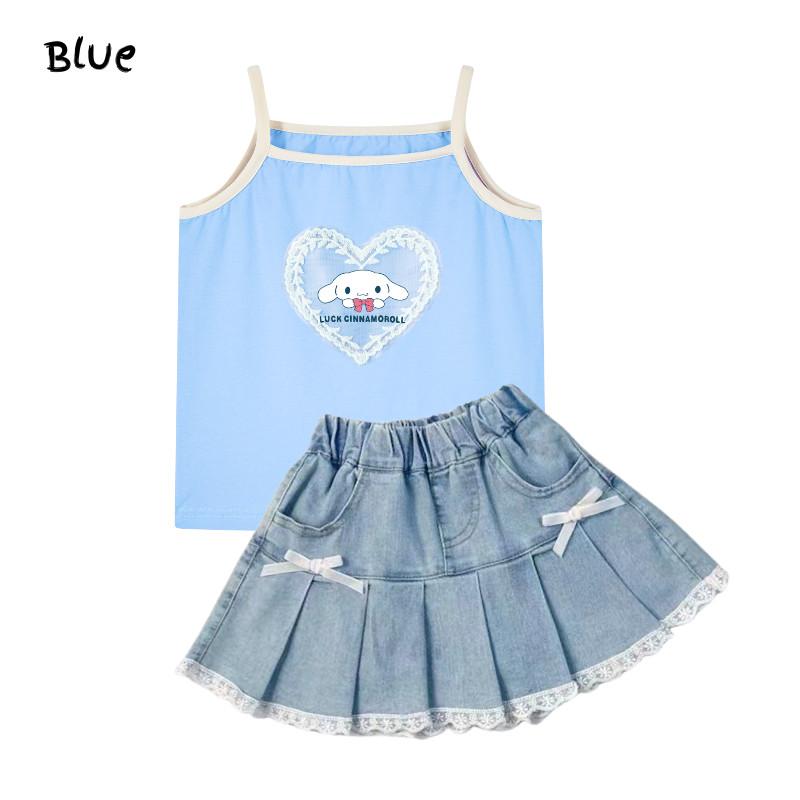 Girls Sets Kuromi Cute Lace Cartoon Slings Contrasting Color Tank Tops Sweet Bow Fashion Denim Skirts with Inner Shorts Kids Cool 2pcs 3