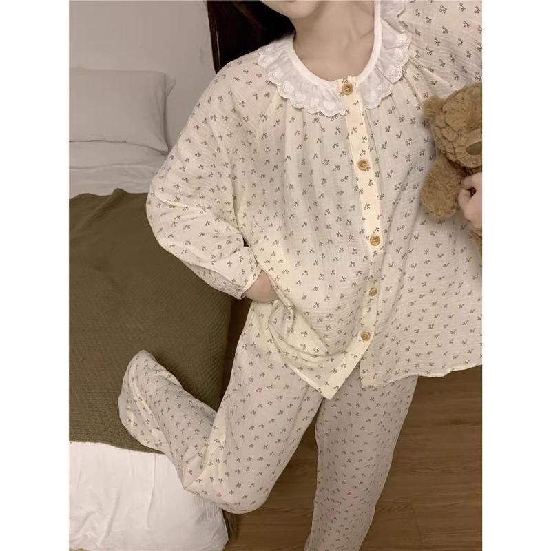 Bộ Đồ Ngủ Nữ, Phong Cách Hàn Quốc, Cỡ Nhỏ Thiết Kế Hoa, Đường Viền Cổ Áo Hoa, Áo Dài Tay Và Quần, Đồ Mặc Nhà Thường Ngày Mẫu Mới Cho Mùa Xuân, Mùa Thu Và Mùa Đông 8