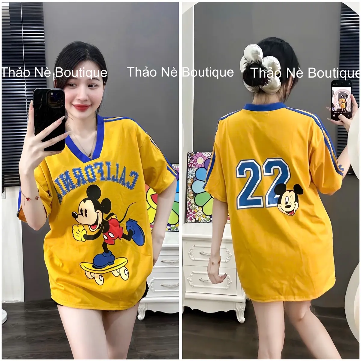 ÁO THUN UNISEX FORM RỘNG CỔ TIM PHỐI SỌC CALI22 CHUỘT MICKEY DỄ THƯƠNG.