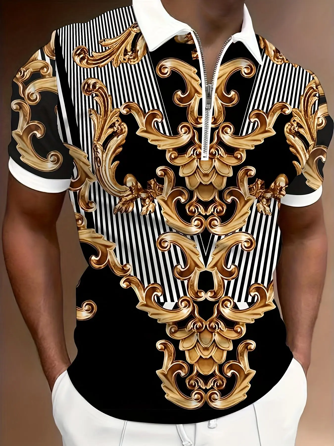 Men's All Over  Print Short Sleeve Polo Shirt, Regular Fit Casual Fashion Zipper Collared Top for Summer, Men's Clothes for Outdoor Wear