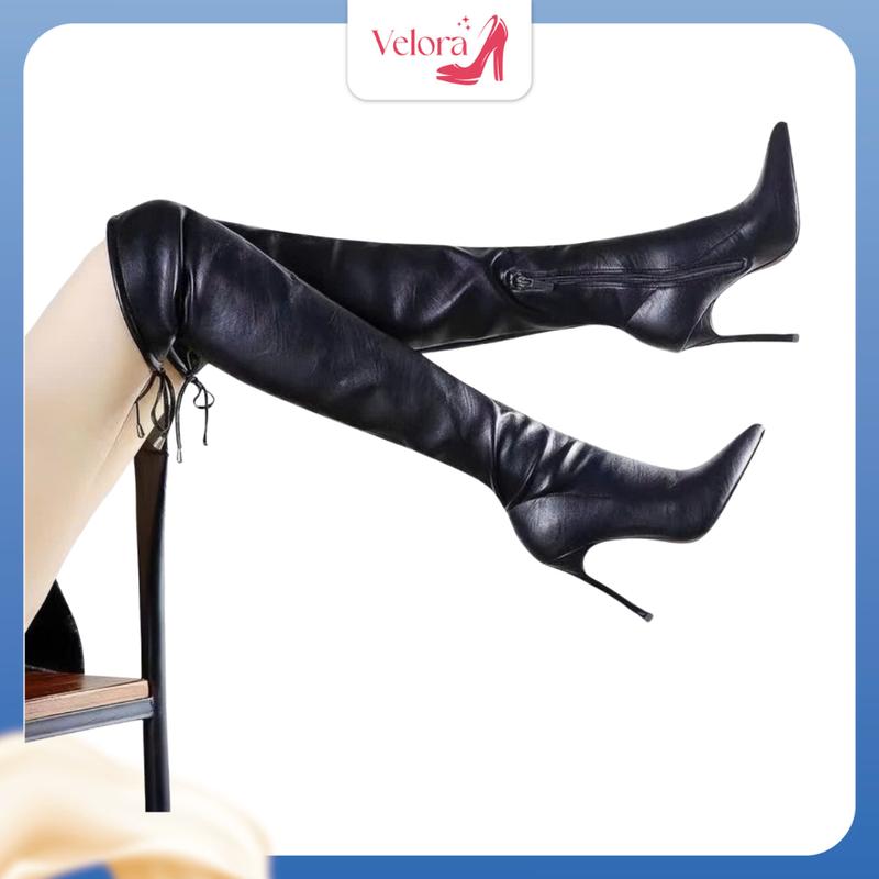 Velora Boot Nữ Da Lót Lông Qua Gối Cao Su Giữ Ấm Sang Trọng Thanh Lịch Cho Mùa Đông Gót Nhọn 8cm Phong Cách Thời Thượng