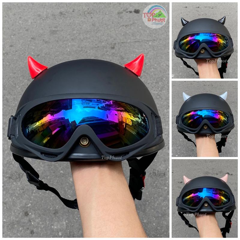 Mũ bảo hiểm nửa đầu kính uv kèm sừng tiểu quỷ - Hàng chính hãng SRT cao cấp đầy đủ tem Cr kiểm định Phụ Kiện