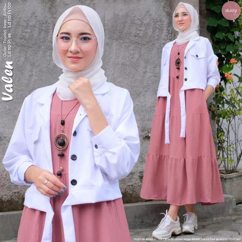 Valen set 2in1 Setelan Polos  Baju  wanita Muslimah Iner  Gamis Panjang + Atasan outhers Putih Terbaru Kancing Aktif Bahan Crinkle Fremium 2