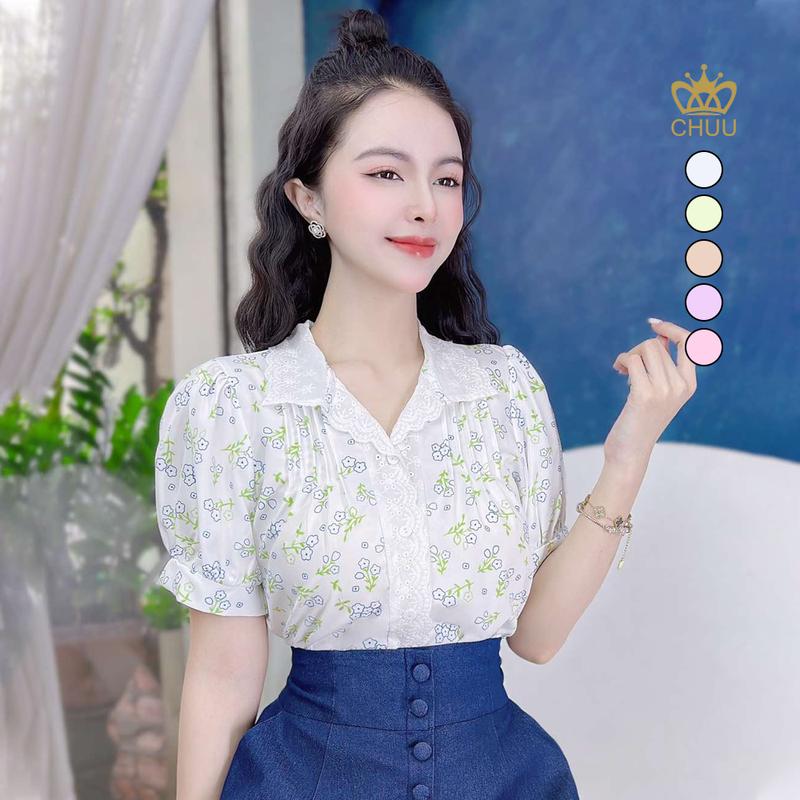 Áo sơ mi nữ hoa nhí tay phồng kiểu cổ ren CHUU A1658