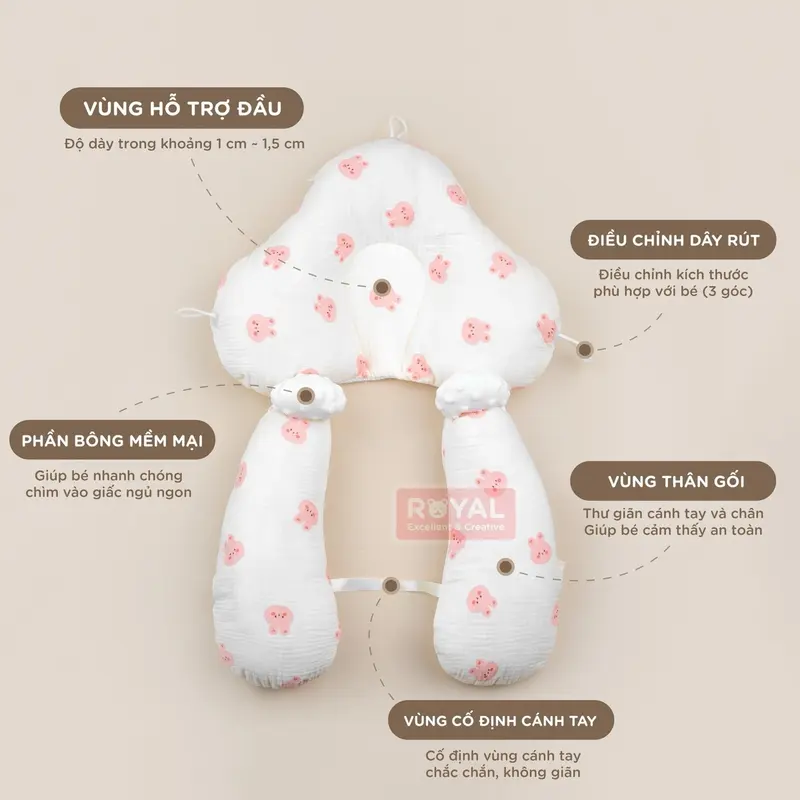 Gối Chữ U  Roayl - Gối Cao Cấp Chất Vải Muslin Mặt Dưới Lớp Lưới Thông Thoáng Mềm Mại Thiết Kế Dây  Điều Chỉnh An Toàn Chống Giật Mình Cho Bé 3