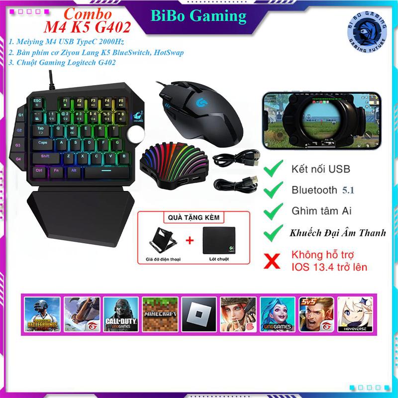 Combo Meiying M4, Bộ Chuyển Đổi kết nối hai chế độ Bluetooth 5.1 và Có Dây 2000Hz, Bàn Phím Cơ Blue Switch ZiYouLang K5 và Chuột Gaming, Hỗ Trợ kết nối điện thoại chơi game PUBG Mobile, Free Fire, Liên Quân, MineCraft, Roblox