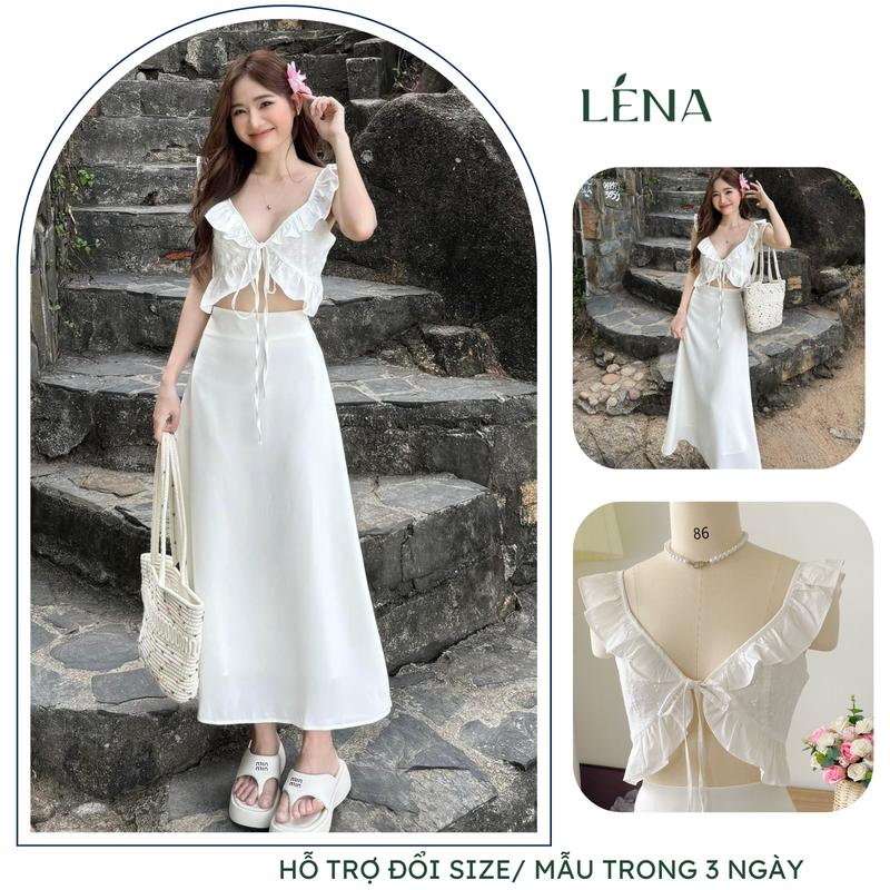 set áo croptop xô bèo tay cánh tiên và châ váy midi chữ A đi chơi đi biển dạo phố LENA 3104 Nữ Beo Heo