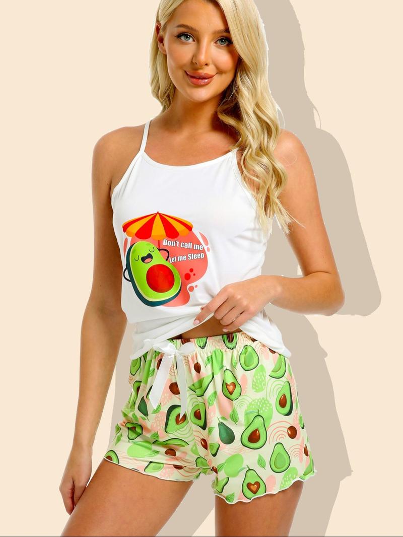 Product Introduction of Women's Avocado Print Cami Top & Shorts Pajama Two-piece Set, Casual Comfortable Loungewear Set for Women, Ladies Sleepwear for All Seasons 5