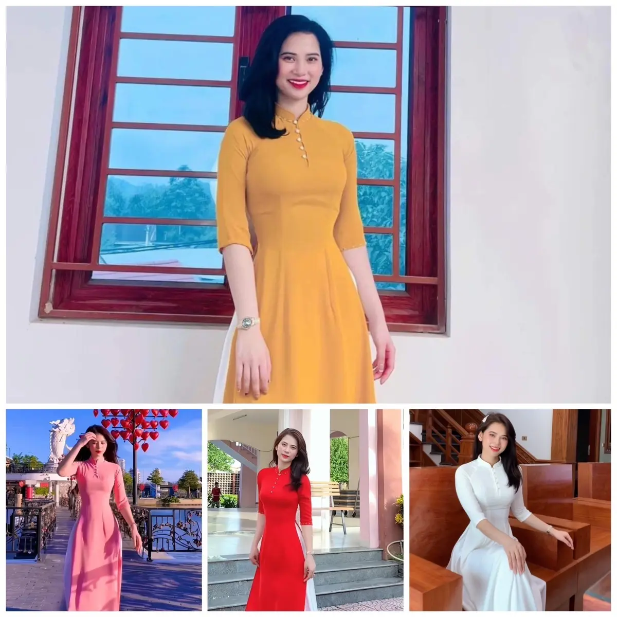Áo Dài cổ trụ đính ngọc cao cấp Đủ màu( Vàng, Hồng, Đỏ, Trắng) Lụa tuyết mịn cao cấp