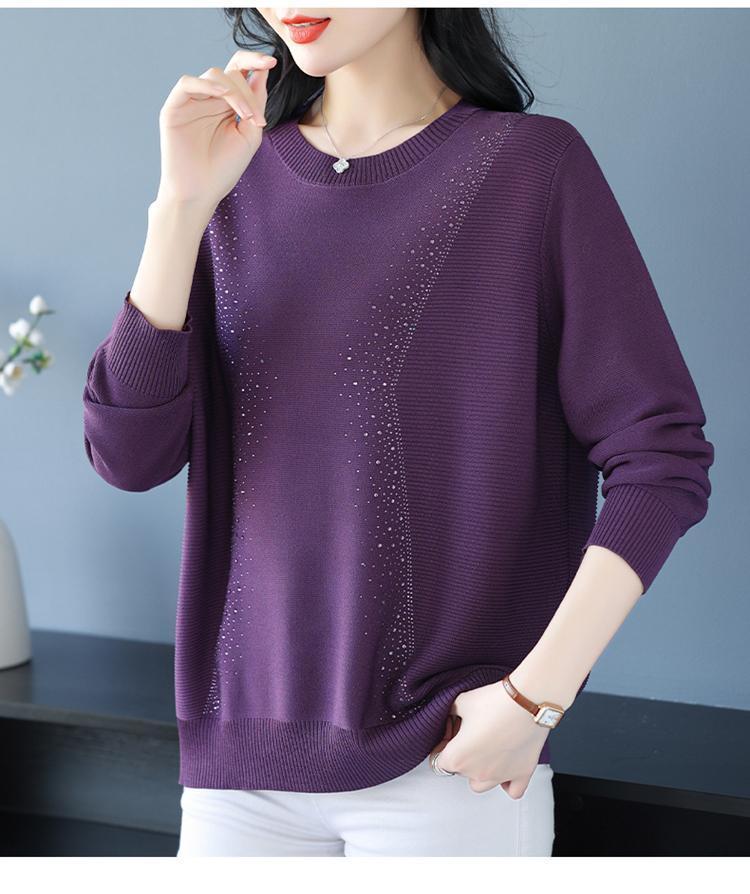 Product Introduction of Knatwear women's round neck rhinestone sweater new fashion mom loose Western style knits long sleeve thin top crop 23