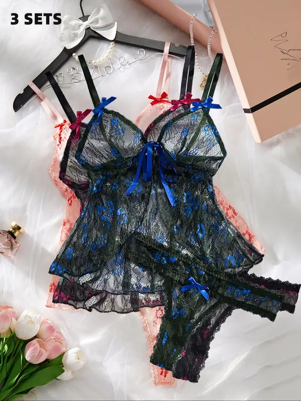 Women's Floral Print Sheer Lace Sexy Lingerie Set, Bow Decor Split Lingerie Top & Thong Set, Romantic Underwear Set for Ladies, Naughty Lingerie 5