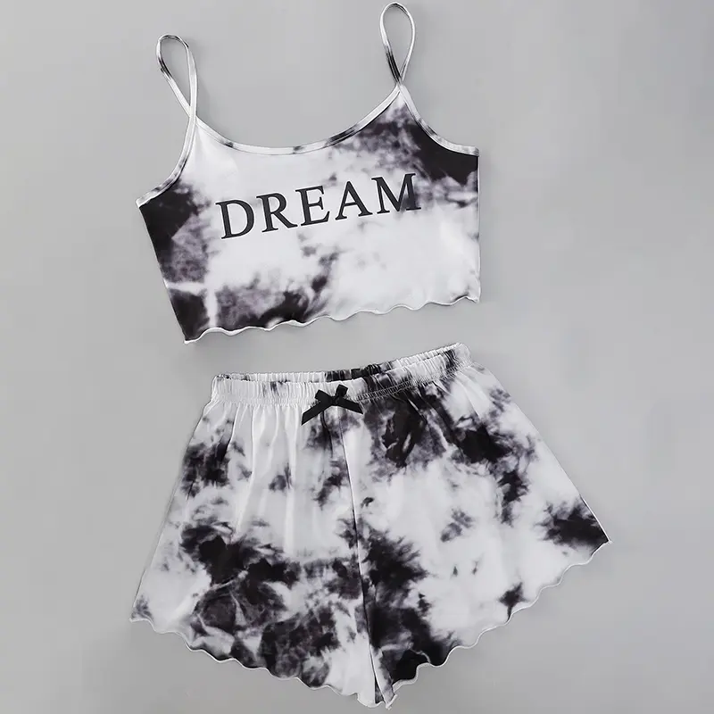 【LINNVZHUANG】New Fashion Tie Dye Sexy Camisole Loose Shorts Sports Home Two-Piece Suit Women