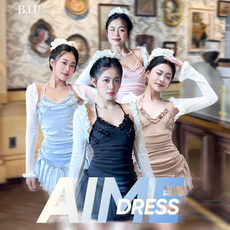 Set đầm len yếm phối bèo nhún eo tà 2 tầng kèm khoác tay dài loe tiểu thư dịu dàng tôn dáng Aime Dress Biu Clothing BB0386 Nữ Women váy  tiệc