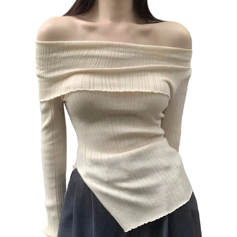Women Long Sleeve Knit Tops Casual Solid Color Off-shoulder Split Shirt for Club Streetwear
