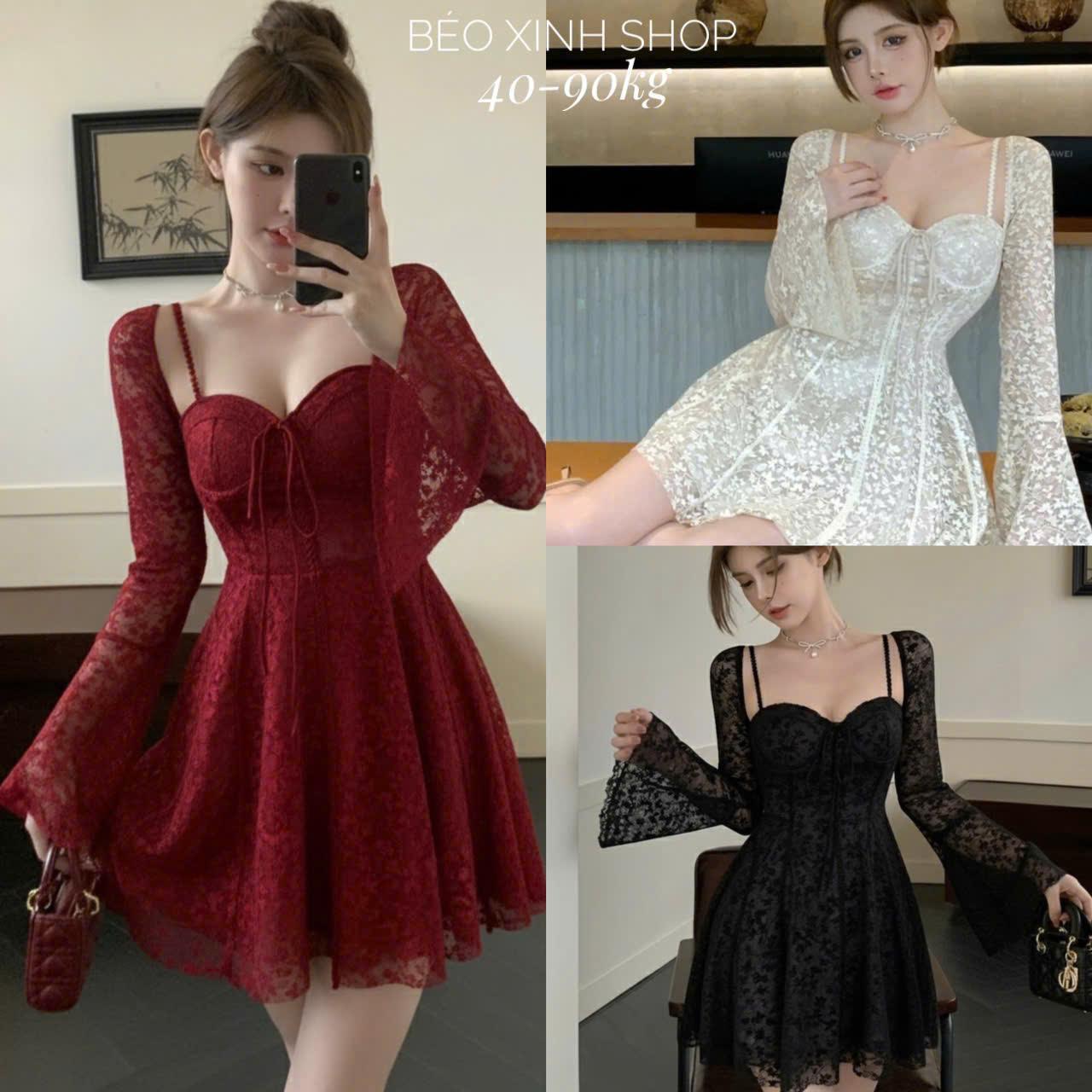 Đầm Dự Tiệc Thiết Kế Dáng Ngắn Tay Dài Tiểu Thư Có Mút Ngực (Vải Ren 2 Lớp) Cao Cấp Thanh Lịch Bigsize 40–90kg - A.1686