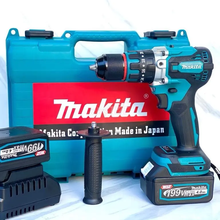 MÁY KHOAN PIN MAKITA 199V ĐỘNG CƠ KHÔNG CHỔI THAN ĐẦU KẸP AUTO LOCK KÈM TAY CẦM TRỢ LỰC