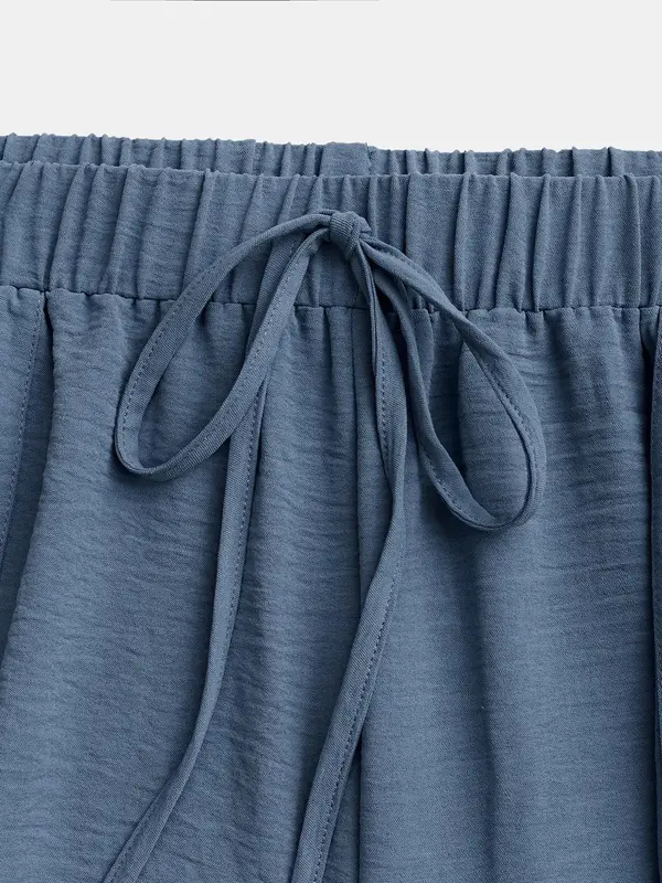 CURVZY Plus Size Autumn Aesthetic Women's Tie Front Wide Leg Pants, Casual Textured Pocket Trousers for Outdoor Wear, Women's Stretchy Bottoms for Summer 2